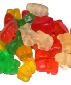 Assorted colorful fruit-flavored LSD gummy bears in red, orange, yellow, and green on a white background