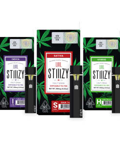 STIIIZY disposable vape pen with ceramic coil and indicator light, available in multiple cannabis strains