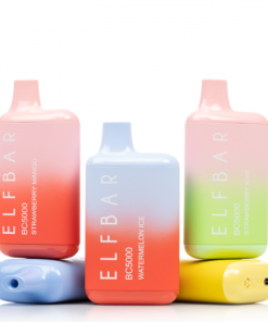 Elf Bar BC5000 disposable vape in flask design showing flavor options and USB-C rechargeable feature