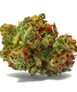 Close-up of Sour Diesel sativa cannabis buds on white background showing dense trichome coverage and resinous texture