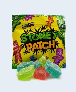 Stoney Patch Kids 500mg THC gummy bag containing 8 colorful sour cannabis gummies