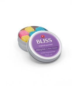Bliss THC Assorted Tropical Gummies tin with Blue Raspberry, Watermelon, and Peach flavors, 25mg THC per piece, 250mg total per package