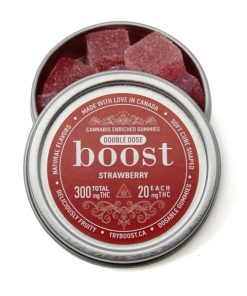Strawberry Boost THC gummies tin with 15 individually dosed 20mg cannabis gummies in strawberry flavour