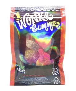 Wonka Gummies Variety Pack bag with 500mg THC medicated sour candies including coke bottles, sour ribbons, and fuzzy peaches