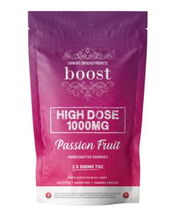 Close-up of Boost High Dose cannabis gummies showing vibrant colour and soft texture