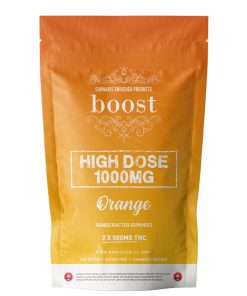 Boost High Dose THC gummies variety pack with orange, pineapple, and passion fruit flavours