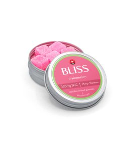 Bliss Watermelon THC Gummies tin with 10 cannabis-infused gummies, 25mg THC each, 250mg total