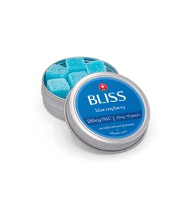 Bliss Blue Raspberry cannabis-infused gummy tin with 10 pieces, each containing 25mg THC, totalling 250mg per package