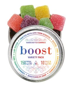 Boost Variety Pack tin with 15 naturally flavoured 20mg THC CBD gummies in assorted flavours