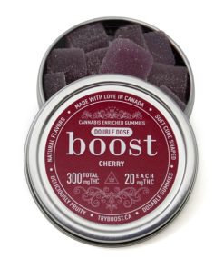 Cherry Boost THC gummies tin with 15 cherry-flavoured gummies, each containing 20mg THC, totalling 300mg per pack
