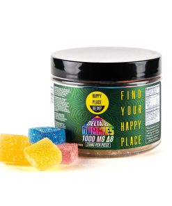Happy Place Hemp Delta 8 Gummies jar containing 40 vegan gummies in assorted flavors including pineapple and watermelon