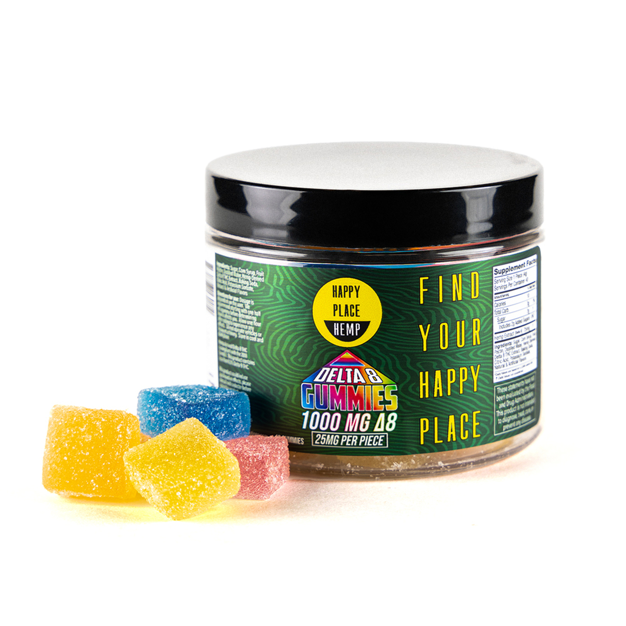 IMG_8760.jpg Happy Place Hemp Delta 8 Gummies jar containing 40 vegan gummies in assorted flavors including pineapple and watermelon