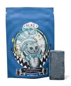 Alice Psilocybin Gummies blue raspberry flavour 1000mg single gummy in branded packaging