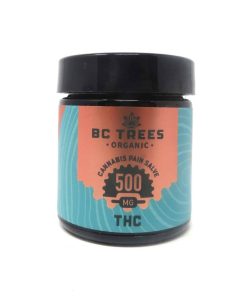 BC Trees THC Pain Salve 500mg jar featuring organic arnica, turmeric, coconut oil and full spectrum cannabis oil blend