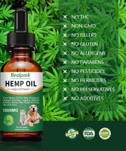 Healpark pet hemp oil dropper bottle with label and dosage instructions visible