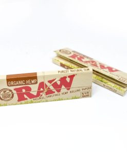 RAW organic hemp rolling papers pack showing unbleached tan paper with cross-weave watermark