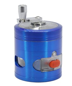 Premium herb grinder in blue color with magnetic drawer open