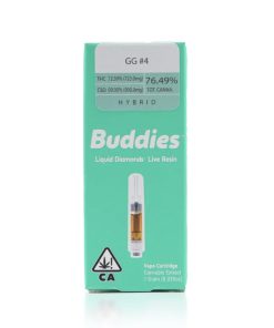 Buddies Liquid Diamond Live Resin vape cartridge displayed upright showing product packaging and branding