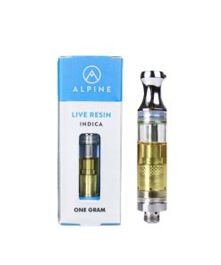 Alpine THC vape cartridge side view displaying clear distillate oil and brand packaging