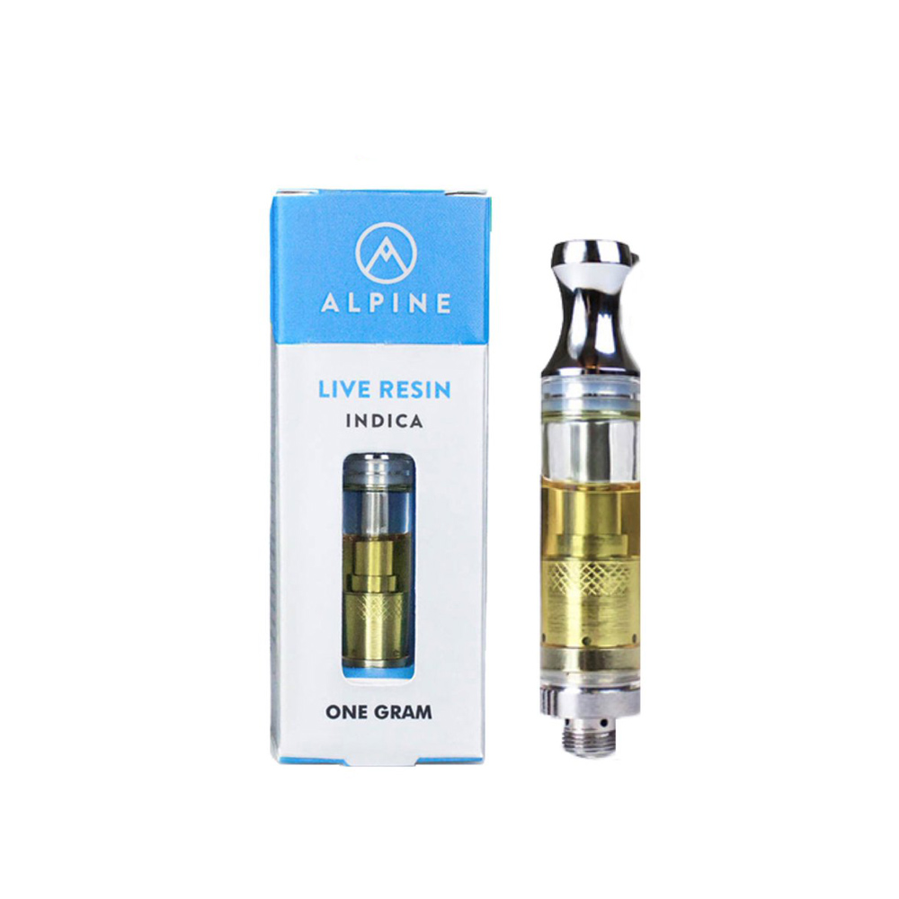 IMG_8896.jpg Alpine THC vape cartridge side view displaying clear distillate oil and brand packaging