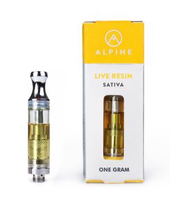Alpine THC vape cartridge with 510-thread connection, front view showing label and oil chamber