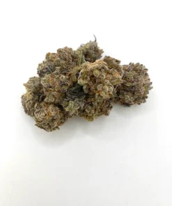 Black Mamba indica cannabis flower showing dense dark green and purple nugs coated in frosty white trichomes