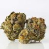 Gelato 33 hybrid cannabis buds with dark green and purple coloring, fiery orange pistils, bred from Sunset Sherbet and Thin Mint GSC