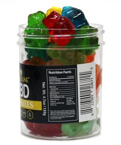 Goldline CBD gummies 4oz jar label detail showing lab-tested full-spectrum CBD