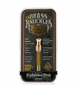 Brass Knuckles Forbidden Fruit 1g vape cartridge with gold hardware and branded packaging