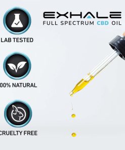 Close-up of Exhale Full Spectrum CBD Oil dropper and bottle label