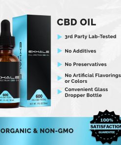 Exhale Full Spectrum CBD Oil bottle showing natural hemp seed and cannabidiol formula