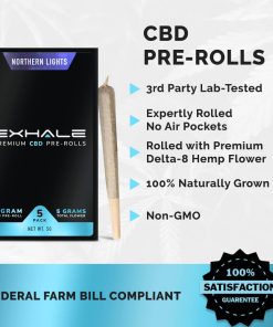 Exhale hemp CBD pre-rolls displayed on surface showing strain variety