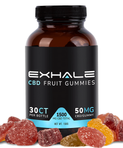 Exhale CBD gummies 750mg and 1500mg bottle options side by side