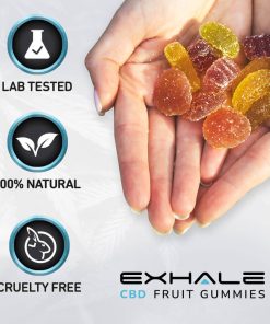 Exhale full spectrum CBD gummies bottle with fruit-shaped vegan gummies
