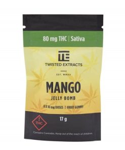 Twisted Extracts Mango THC Jelly Bomb 80mg package containing 8 x 10mg cannabis edible doses