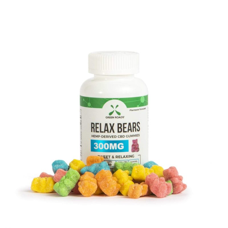 CBD Relax Bears 300mg gummies – CBD Relax Bears 300mg gummy bear bottle with 30 sweet n sour hemp CBD gummies by Green Roads