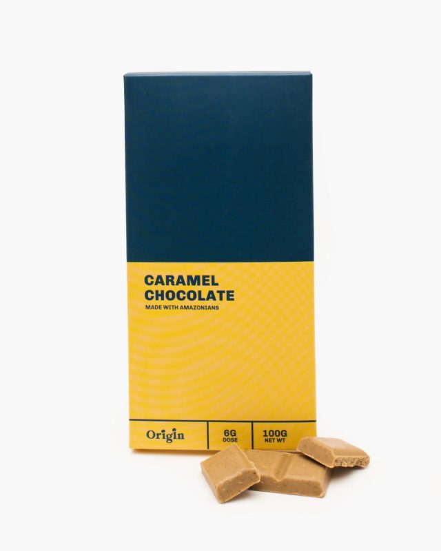 Caramel Psychedelic Chocolate Bar wrapped in premium Belgian milk chocolate with caramel filling, available at Florida Gas Packs