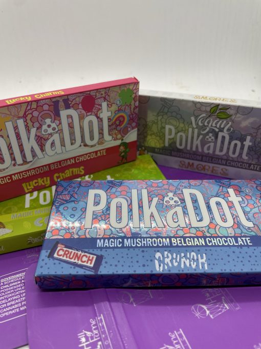 Polka Dot mushroom chocolate bars 3 pack with Belgian chocolate couverture and albino Psilocybe Cubensis strain, available in 7 flavors