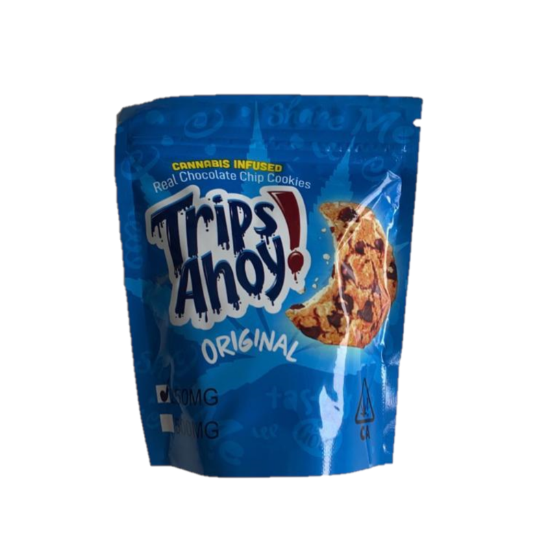 Trips Ahoy THC Cookies bag showing two chewy chocolate chip cannabis-infused cookies with 500mg THC