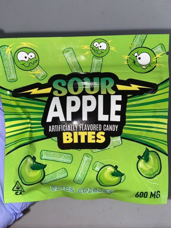 Sour Apple Bites THC edibles package showing 10 individually wrapped fruit chews with sour apple flavor