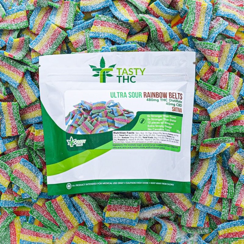 THC Rainbow Belts edibles pack showing colorful fruity gummy belts with 400mg THC, available at Florida Gas Packs