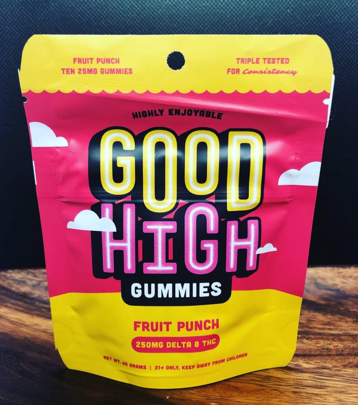 Good High Gummies delta 8 strawberry flavor box showing 12 colorful hemp-infused gummies, 50mg THC, organic Colorado hemp