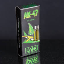 AK-47 DankVapes vape pen with e-liquid cartridge, sleek black design.