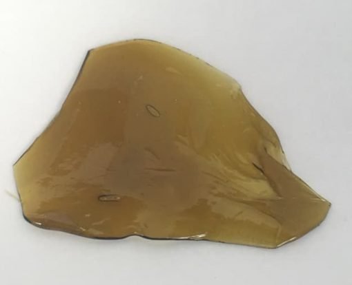 OG Kush shatter concentrate amber glass-like slab showing translucent texture, 70-90% THC hybrid extract