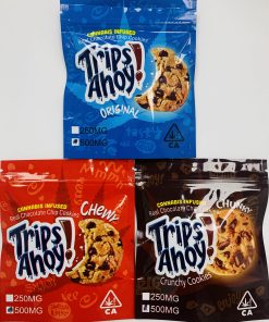 Close-up of Trips Ahoy THC Cookie with visible semisweet chocolate chunks and golden-brown texture