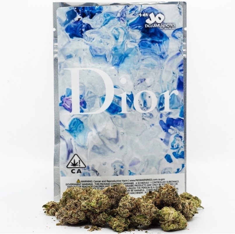 Dior Gumbo strain dense jade-green popcorn buds with heavy trichome coating from Florida Gas Packs