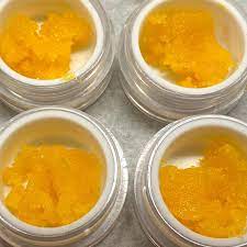 Close-up of golden live resin concentrate in a glass jar showing its rich sap-like consistency, available at Florida Gas Packs