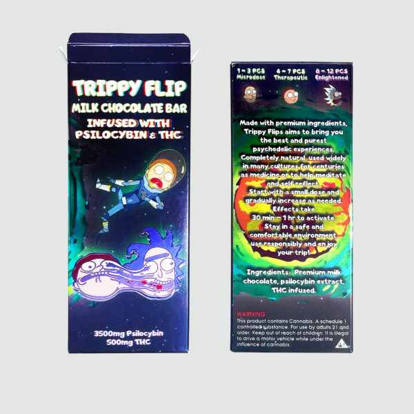Trippy Flip Milk Chocolate Bar with 12 psilocybin-dosed pieces and crispy waffle layers, available at Florida Gas Packs