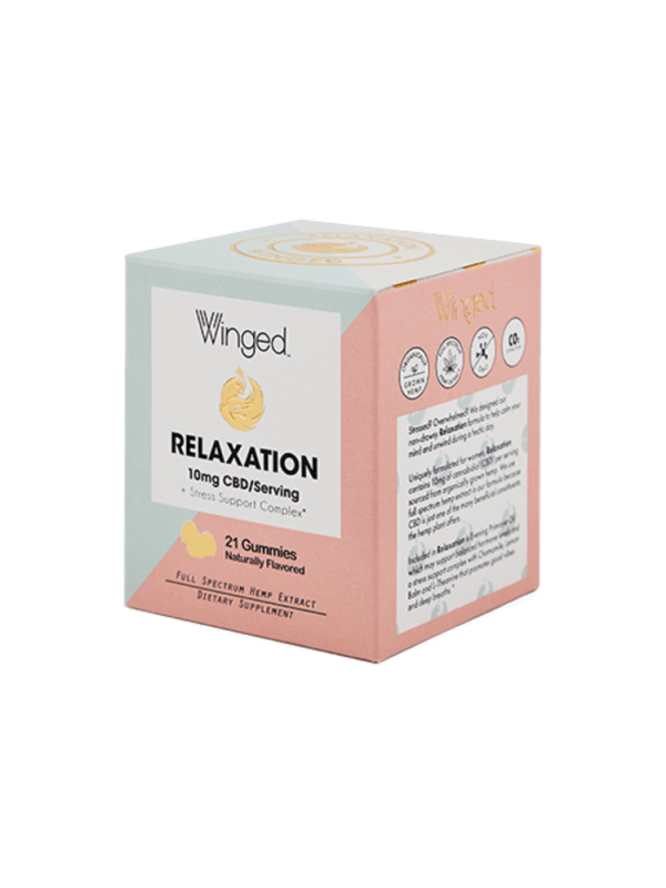Winged Relaxation CBD Gummies bottle showing 21 peach-flavored full-spectrum hemp gummies for daily calm