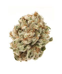 Strawberry Banana indica hybrid cannabis buds with neon green nugs, dark orange hairs, and thick white crystal trichomes